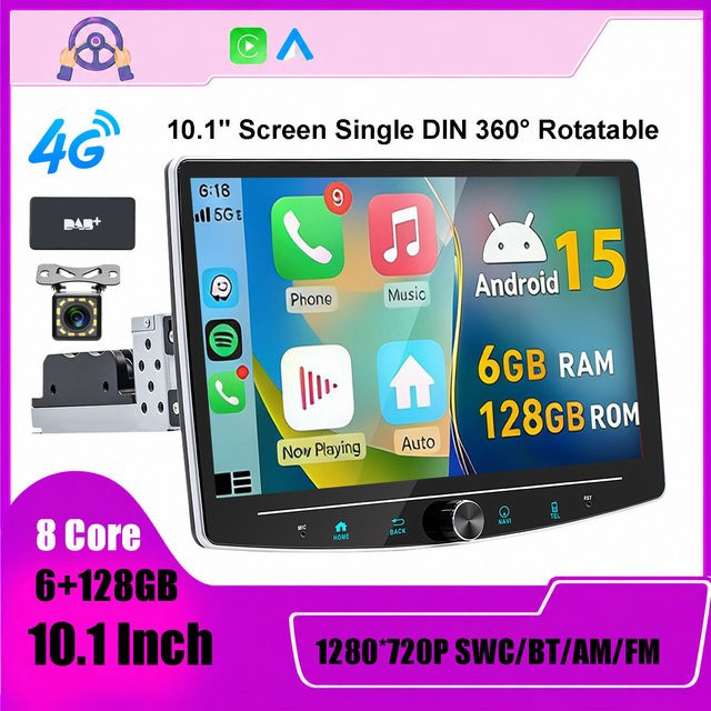Mopect 1 DIN AutoRadio mit 10,1 Zoll Display, 6 GB RAM + 128 GB Speicher, 360 Grad drehbar, GPS und Carplay, Schwarz - Bild 1
