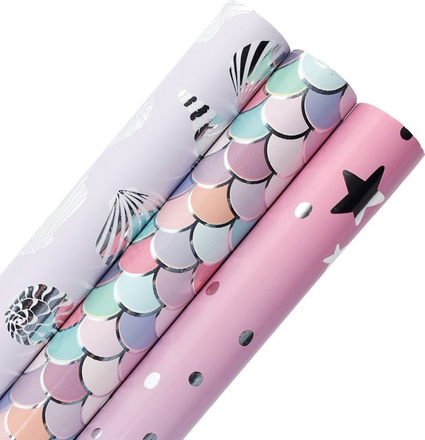 3 Rollen Geschenkpapier mit Meerjungfrauen-Motiv in Lila und Glitzerschale, B: 43,18 cm, L: 300 cm pro Rolle - Bild 1