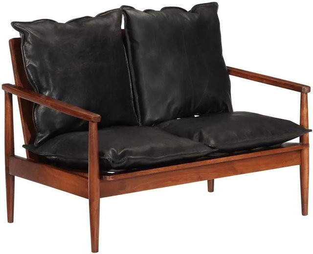vidaXL 2-Sitzer-Sofa Retro in Schwarz aus Echtleder und Massivholz Akazie - Bild 1