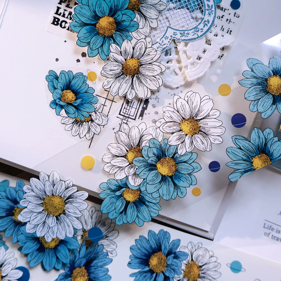 VanGogh Garden Washi Tape mit blauem Chrysanthemen-Blumenmuster und PET-Aufklebern - Bild 6