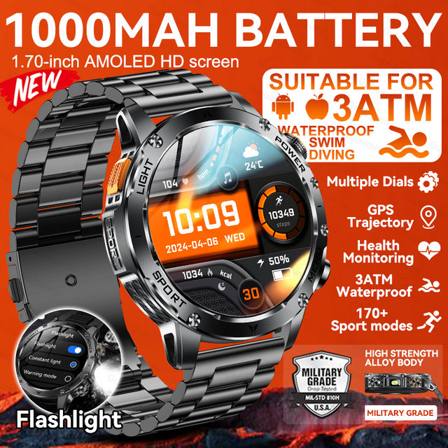 GUHUAVMI AK87 Smartwatch für Männer in Schwarz mit 1,7 Zoll Display, GPS, Bluetooth Anruffunktion und 3ATM Wasserdichtigkeit - Bild 1