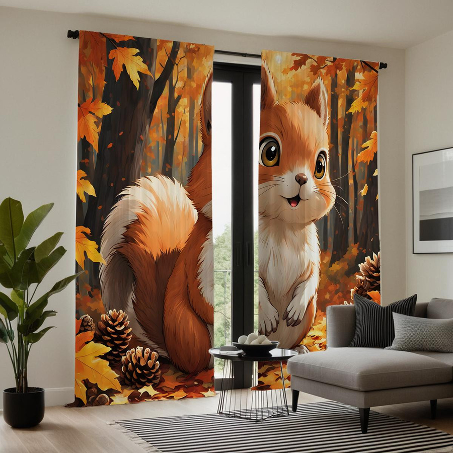 2er-Set Dekovorhang mit Ahornblatt Wald und Eichhörnchen Motiv in Gelb, halbtransparent, B: 132 cm, H: 160 cm - Bild 2
