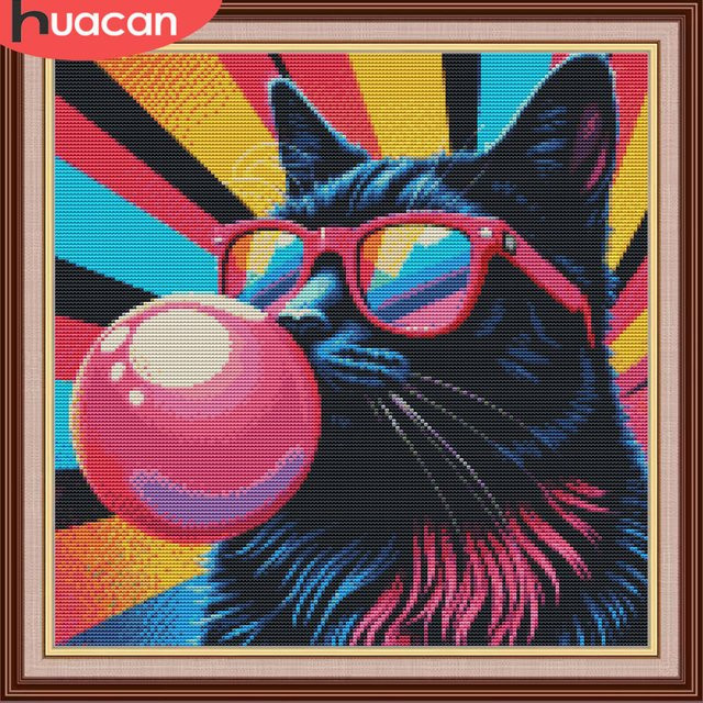 HUACAN Kreuzstich-Set Katze mit Ballon, bedruckte Leinwand für Wanddekoration, Mehrfarbig - Bild 1
