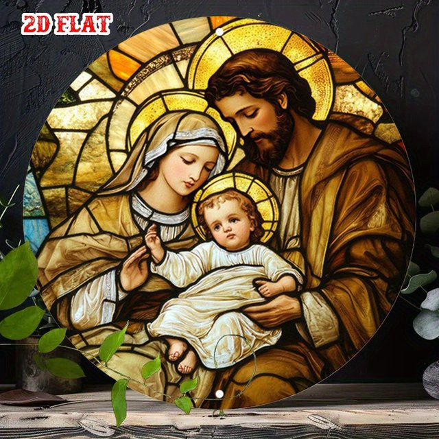 Rundes Aluminium-Metallblechschild Heilige Familie von Potdemiel mit Josef, Maria und Baby Jesus, rustikale Wandkunst, Durchmesser: 19,99 cm - Bild 1