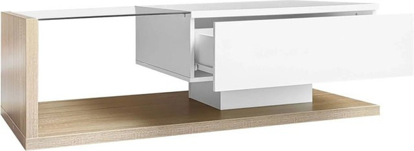 okwish Couchtisch mit Glas und LED-Effekt in Weiß und Holzoptik, B: 105 cm, T: 55 cm, H: 32,5 cm