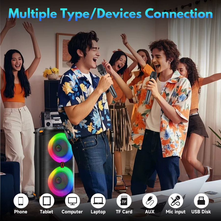 FanFun Karaoke-Maschine mit 2 kabellosen Mikrofonen, tragbarer Bluetooth 5.3 Karaoke-Lautsprecher und PA-System in Schwarz - Bild 6