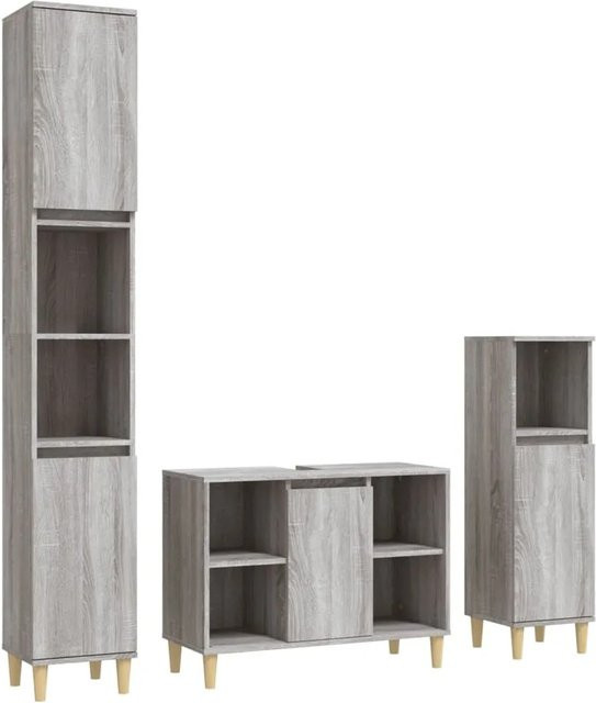 vidaXL 3-tlg. Badmöbel-Set aus Holzwerkstoff und Eukalyptus in Sonoma Grau bestehend aus Waschbeckenunterschrank sowie zwei Standschränken - Bild 1