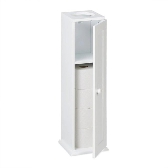 Relaxdays Toilettenschrank aus MDF in Weiß, schmal stehend mit Tür und Regalböden, H: 65 cm, B: 19,5 cm, T: 19,5 cm - Bild 1