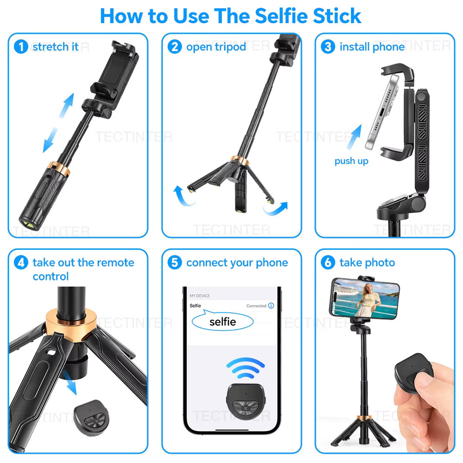 TECTINTER Faltbares Selfie-Stick-Stativ mit kabelloser Fernbedienung und Handyhalterung für iOS und Android, Schwarz - Bild 5