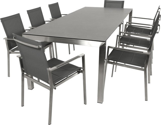 DEGAMO Garten Garnitur SYDNEY 9-teilig in Grau aus Edelstahl, Glas und Kunstgewebe für dein Outdoor-Wohnzimmer - Bild 1