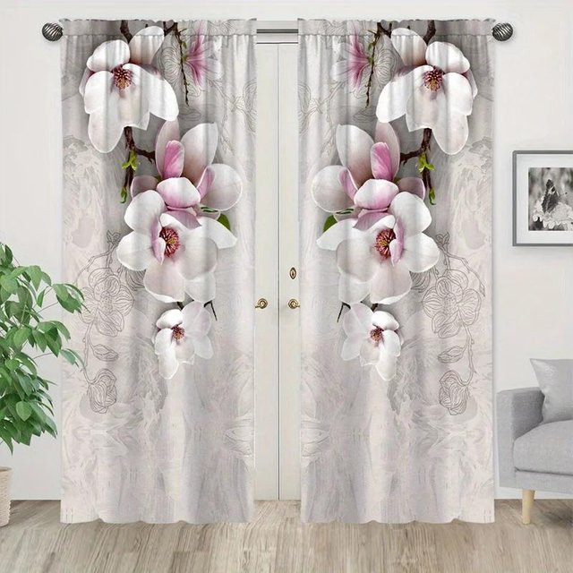 2er-Set elegante Vorhänge mit goldenem Blumenmuster in Weiß, semi-transparent, B: 50 cm, H: 160 cm - Bild 1