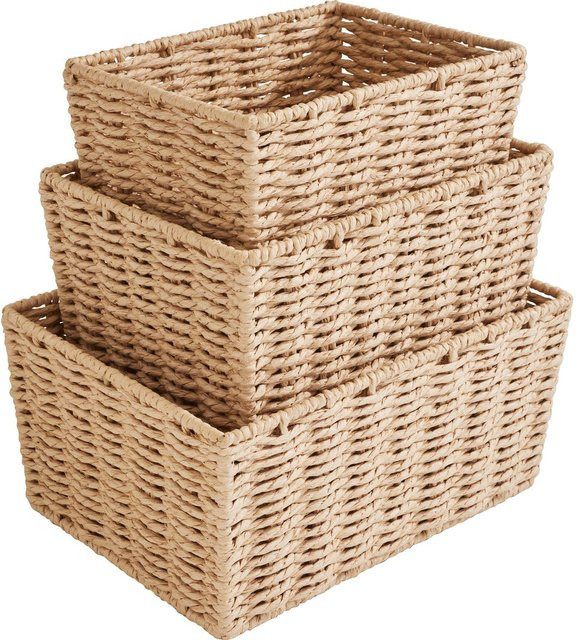 VBS Korb Rechteckig 3er-Set beige gewoben aus Papier und Metall - Bild 1