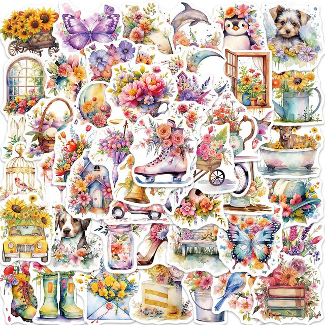 50 Stück Cartoon Blume Aufkleber für DIY Scrapbooking und Dekoration, Mehrfarbig - Bild 1