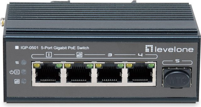 LevelOne IGP-0501 Industrial Gigabit Switch mit 5 Ports, PoE, DIN-Schiene und Wandmontage, Schwarz - Bild 1