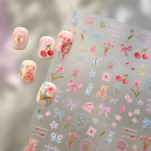 NAILFYOU Nagelaufkleber, Rosa Blau, Tulpe Bär Kirsche Schleife - Bild 1