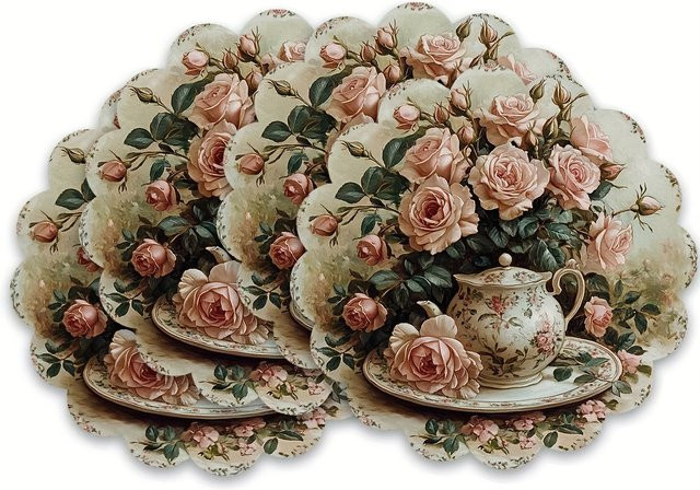 VIKAMA 4er-Set Platzsets mit Rosenblumen-Design in Rosa, rund, aus Leinen - Bild 1