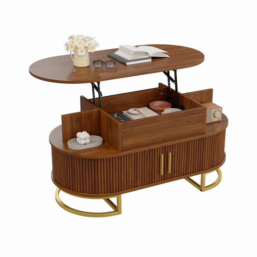 Merax Couchtisch Oval in Braun mit höhenverstellbarem Lift-Mechanismus und Schiebetür aus Holzoptik, B/T/H: 100 x 64 x 40 cm - Bild 2