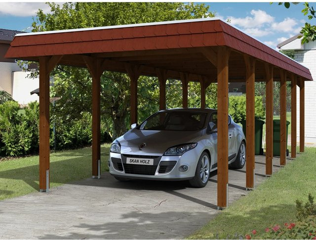Skan Holz Carport Spreewald mit roter Blende in Nussbaum mit flacher Dachform aus Nadelholz und Aluminium, B/T/H: 893 x 345 x 241 cm - Bild 1