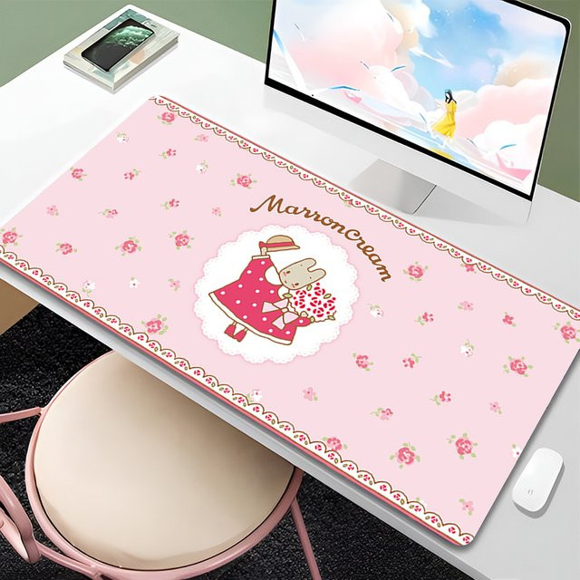 Mauspad Potdemiel Kawaii Pink Bunny Erweiterte Schreibtischunterlage mit Blumenmuster in Pink und Beige - Bild 1