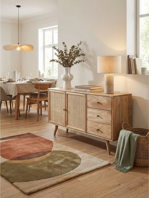 KADIMA DESIGN Sideboard aus Mango Massivholz und Rattan in Braun, B/T/H: 140 x 40 x 75 cm, mit 3 Schubladen und 2 Türen - Bild 1