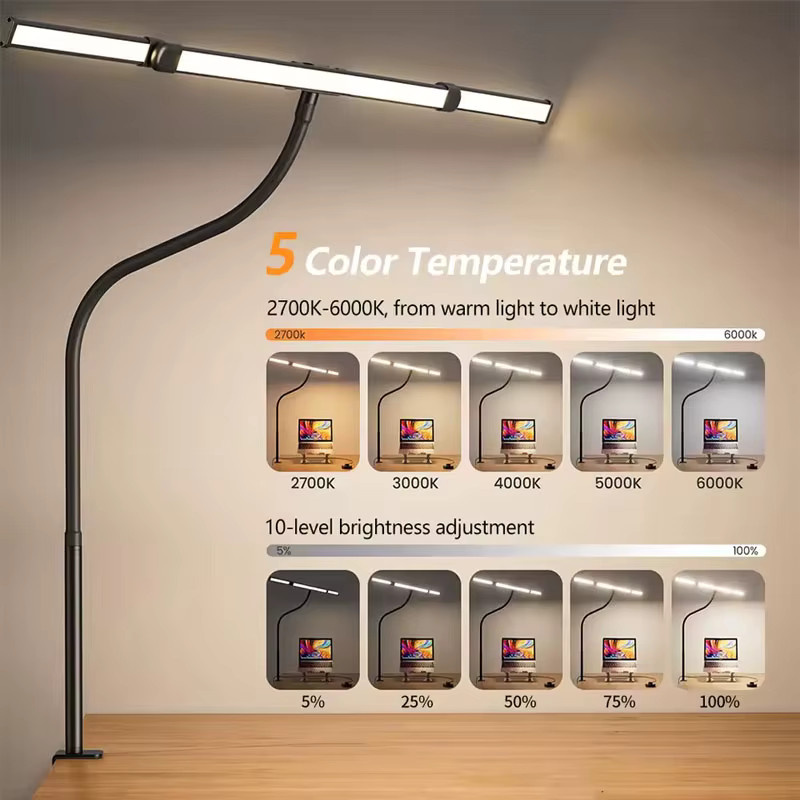 TLEDMP LED-Schreibtischlampe in Schwarz mit stufenloser Dimmung, flexibler Klemmhalterung und verstellbarem Schwanenhals für Home-Office und zum Lesen - Bild 3