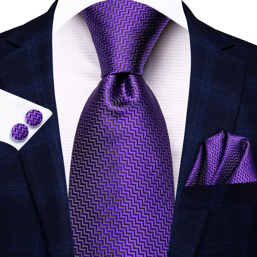 Hi-Tie Krawatten-Set Herren, lila Blumenstreifen, Einstecktuch, Manschettenknöpfe - Bild 2