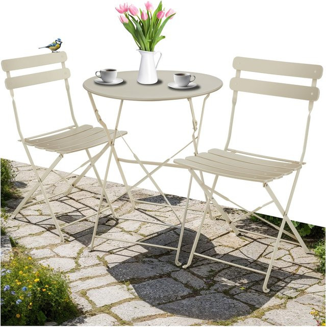 tectake Bistrotisch Set Frieda für 2 Personen in Beige mit runden Tischen und Stühlen im Retro-Design aus Stahl, B/T/H: 59 x 59 x 70 cm - Bild 1