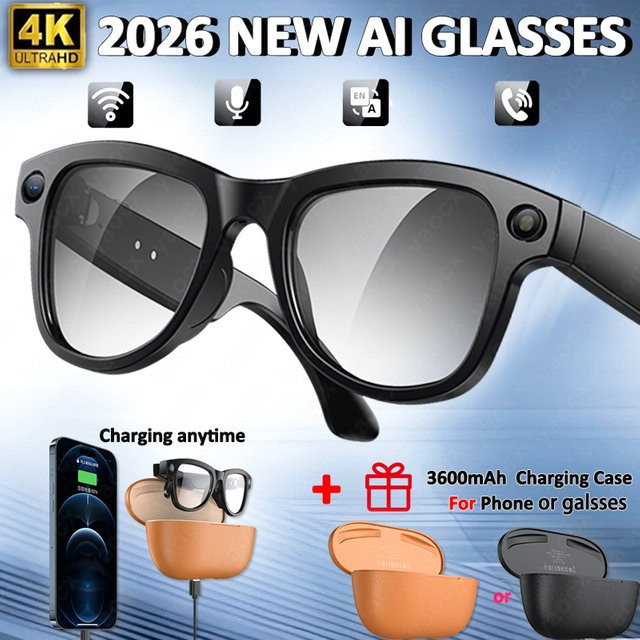 Yaocx KI-Smart-Brille 2026 in Schwarz mit 4K HD, 800MP Kamera, ChatGPT-Integration, Bluetooth-Anruffunktion, 32GB Speicher und Sprachassistent-Steuerung - Bild 1