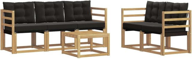 vidaXL Outdoor-Sofagarnitur 6-teilig in L-Form mit Kissen und Couchtisch, Weiß und Schwarz, aus Akazienholz und Textilene - Bild 1