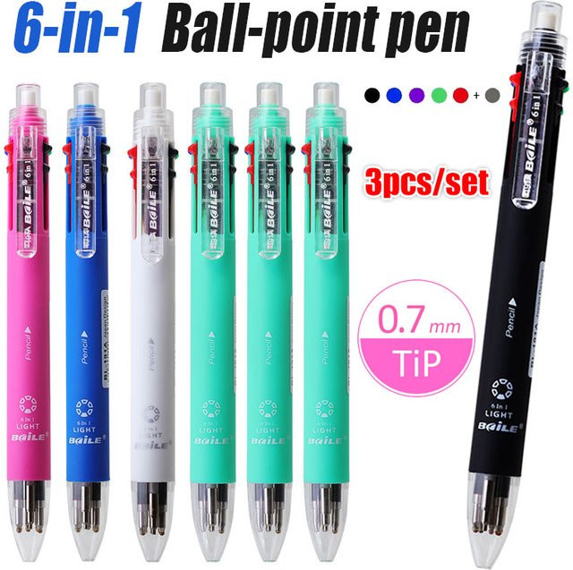 JOMPENS 3-teiliges Schreibset mit 6-in-1 Kugelschreibern in 5 Farben (0,7 mm) und automatischem Bleistift (0,5 mm), Mehrfarbig/Pink - Bild 1