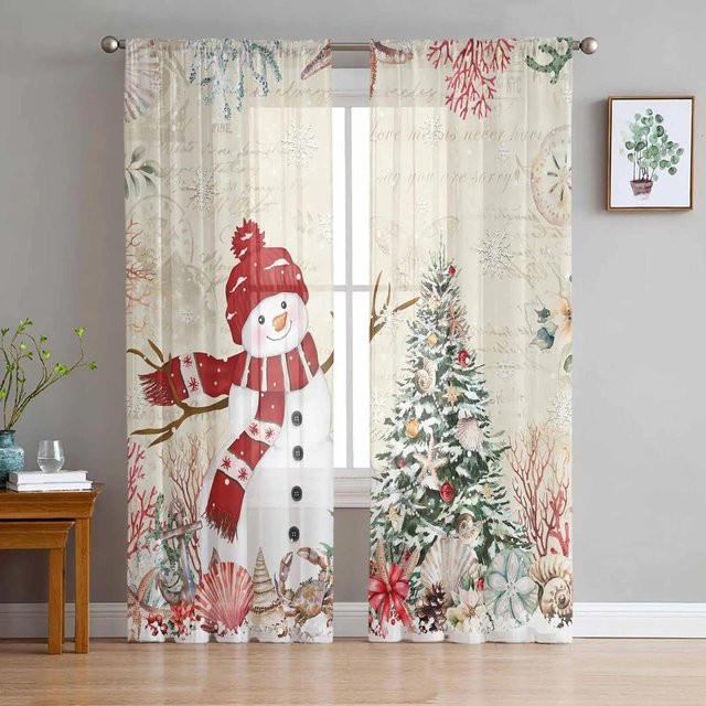 Transparente Weihnachtsvorhänge mit Schneemann-Motiv aus Tüll in Weiß, Breite: 135 cm, Höhe: 115 cm - Bild 1