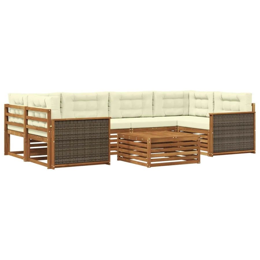 vidaXL Outdoor-Sofagarnitur L-Form aus Akazienholz mit 7 Kissen in Natur und Creme - Bild 2
