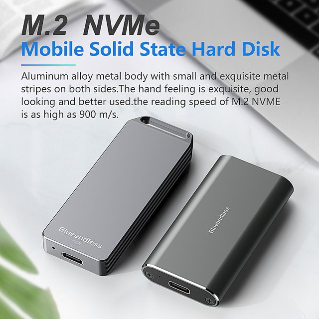 Blueendless Mini M.2 NVME Mobile SSD Externe Festplattenbox aus Voll-Aluminium mit USB-C, Grau, Format 2242 - Bild 1