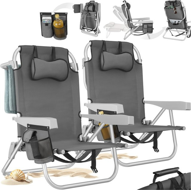 tectake Aluminium Strandstuhl Set Grau, 2er Set klappbar mit Rucksackfunktion, UV-beständig und wetterfest, mit verstellbarer Rückenlehne, Kopfpolster, Kühltasche und Armlehnen, B/T/H: 101 x 63 x 78 cm - Bild 1