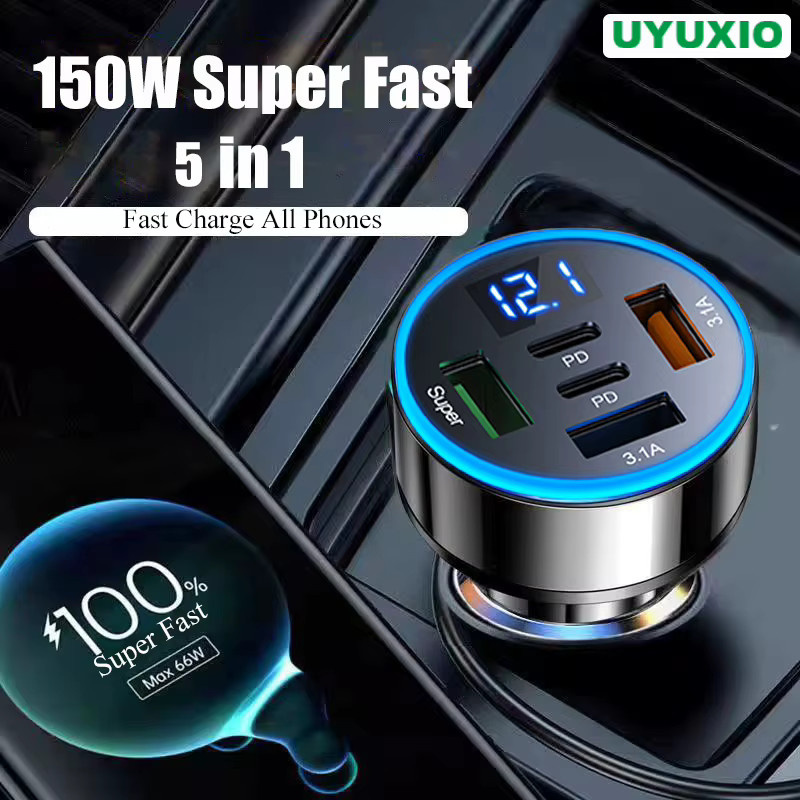 UYUXIO USB-C Autoladegerät-Adapter mit Spannungsanzeige in Schwarz mit 2 PD und 3 USB-A Anschlüssen für Samsung, iPhone, Huawei, OnePlus und OPPO - Bild 5
