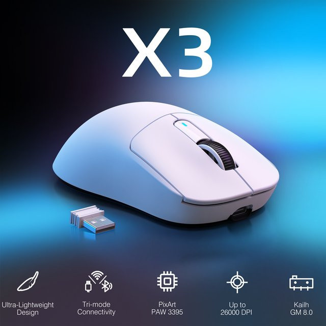Attack Shark Angriff Hai x3 Drahtlose Gaming-Maus mit PAW3395 26k DPI optischem Sensor, ergonomisches Design mit 49g, programmierbare Tasten, Bluetooth und Wi-Fi, Farben: Weiß oder Violett - Bild 1
