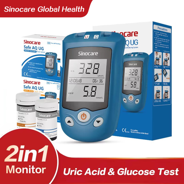 Sinocare 2-in-1 Safe AQ UG Harnsäure- und Blutzuckermessgerät mit Teststreifen in Blau - Bild 1