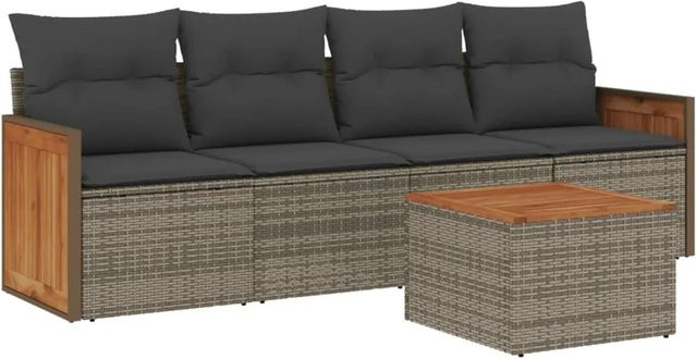 vidaXL 5-tlg Garten-Sofagarnitur aus Polyrattan in Grau mit Kissen und Tisch - Bild 1