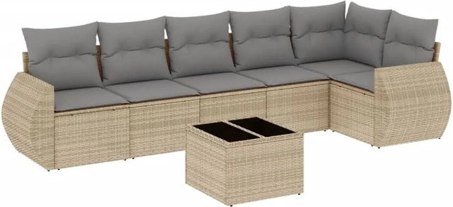 vidaXL 7-teilige Garten-Sofagarnitur in L-Form aus beige farbenem Poly-Rattan mit wetterfesten Kissen und pulverbeschichtetem Stahlgestell - Bild 1