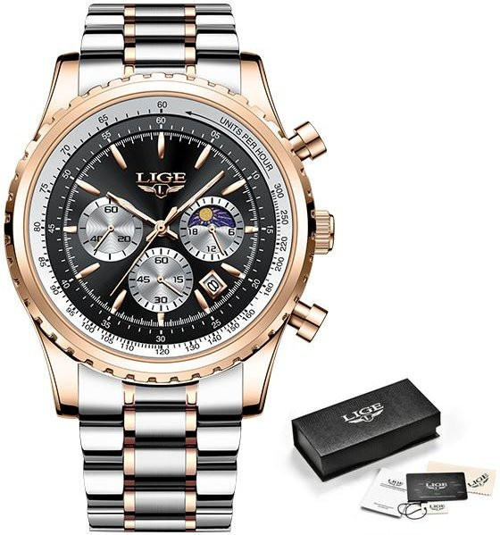 LIGE Armbanduhr, Quarz, Chronograph, Edelstahl, 46 mm, Herren, silber/schwarz - Bild 1