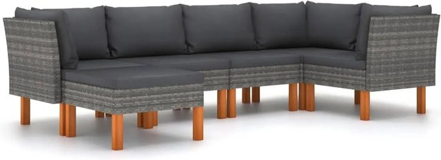 vidaXL 6-tlg Garten-Lounge-Set in U-Form aus Poly-Rattan und Eukalyptusholz in Grau mit Kissen und Fußstütze - Bild 1