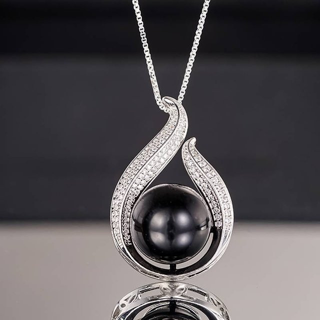 Huitan Halskette, Blatt-Design, schwarze Perle, Zirkonia, Damen - Bild 1