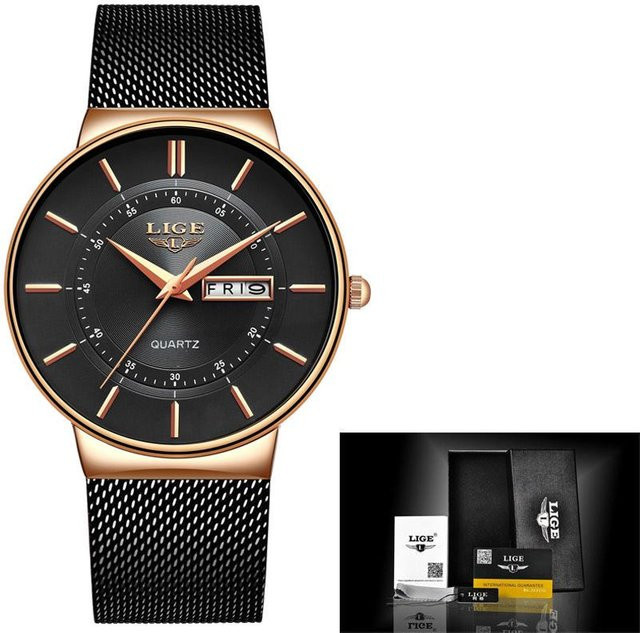 LIGE Armbanduhr Edelstahl, Quarz, Gold/Schwarz, 42 mm, Unisex - Bild 1