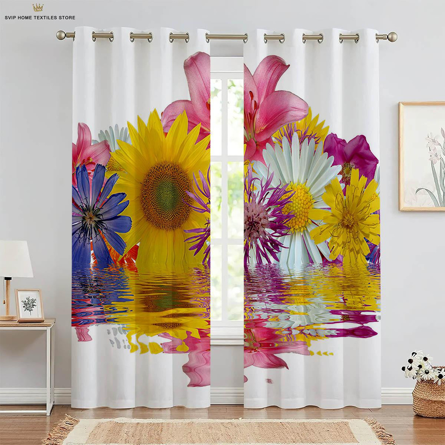 2er-Set Yiran Furniture Vorhänge mit Schmetterling und 3D-Blumendruck, halbtransparent, Polyester, Mehrfarbig, B: 50 cm, H: 130 cm - Bild 1