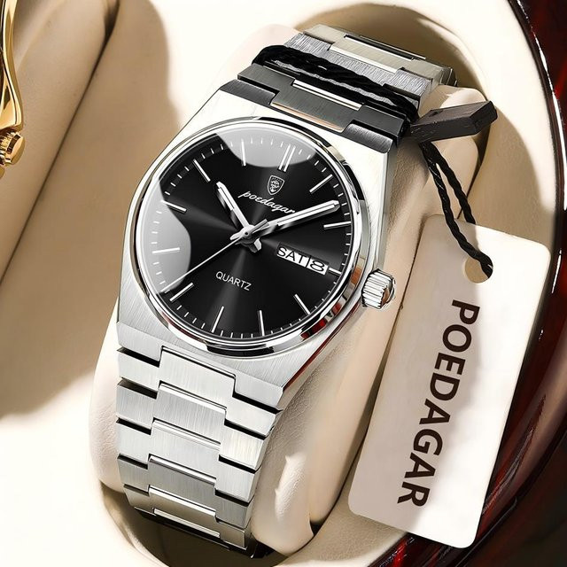 POEDAGAR Armbanduhr Quarz, Edelstahl, Silber, Schwarz, Damen - Bild 1