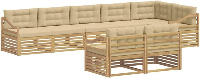 vidaXL Outdoor-Sofagarnitur in L-Form aus Akazienholz mit Kissen in Weiß und Beige - Bild 1