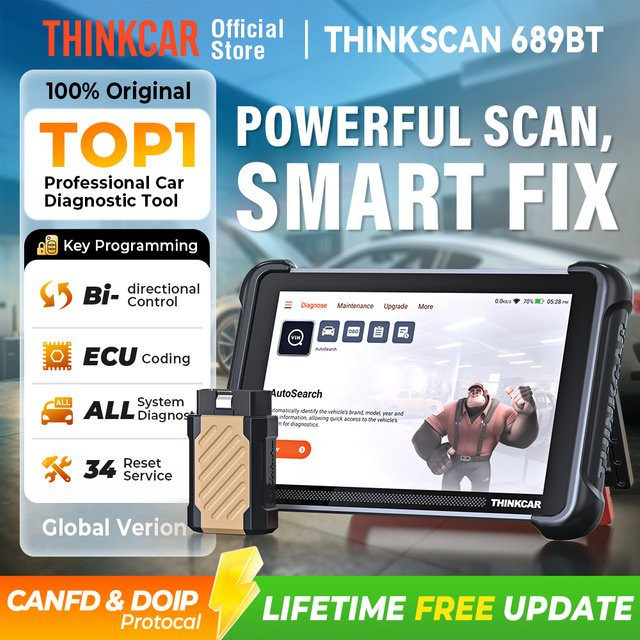 THINKCAR THINKSCAN 689BT Kfz-Diagnosetool in Schwarz mit Schlüsselprogrammierung, bidirektionalem OBD2-Scanner, ECU-Codierung, CANFD, DOIP und 34 Reset-Funktionen - Bild 1