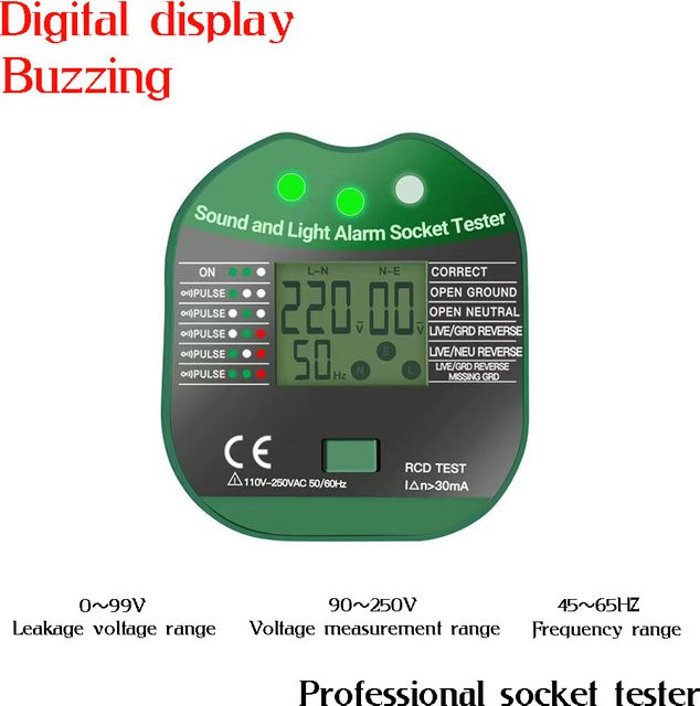 QHJIA Hyc108 Digitaler Steckdosentester mit Spannungsanzeige zur Prüfung von RCD, Masse, Nullleiter, Polarität und Phase in Grün - Bild 1