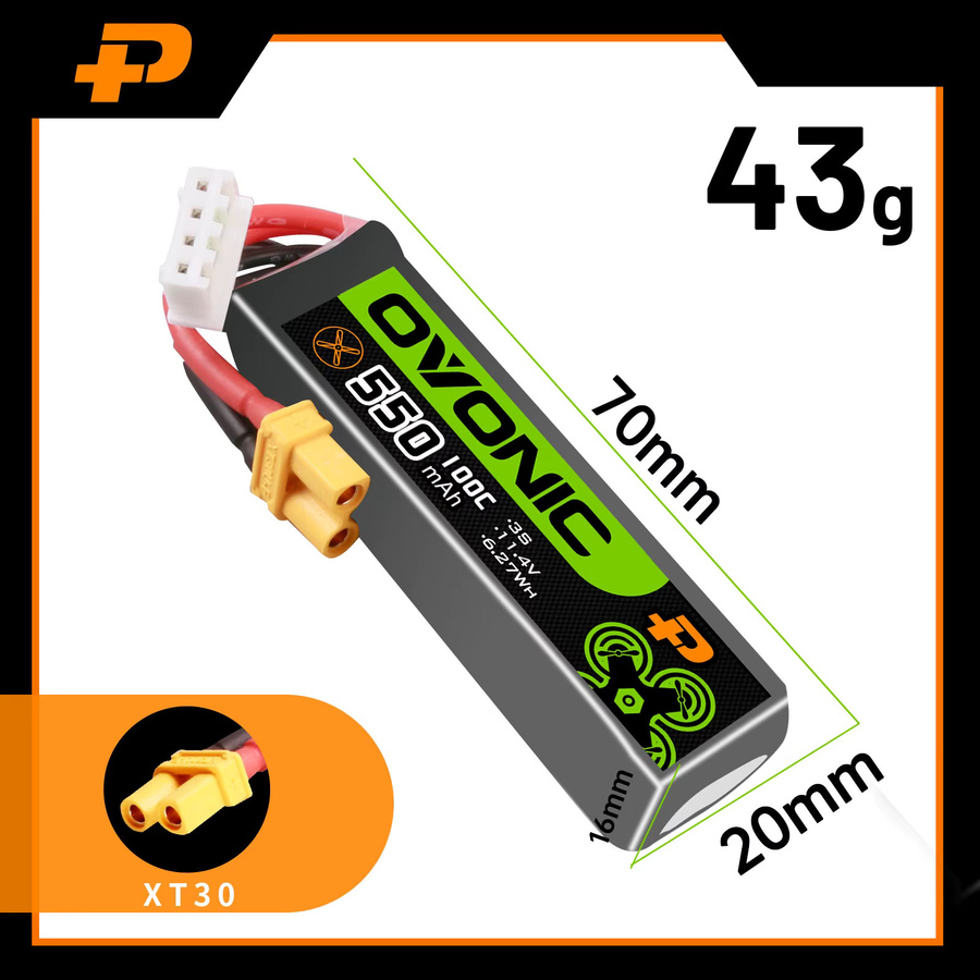 OVONIC LiPo Akku 550mAh 100C für RC FPV Racing Drone Quadcopter mit BT2.0 oder XT30 Stecker - Bild 2