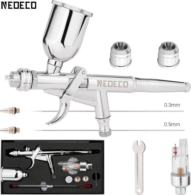 NEOECO Airbrush-Set mit Pistolengriff in Silber, inklusive 0,3 mm und 0,5 mm Düsen, Lüfterkappe sowie 15 CC Flüssigkeitstassen für Modellbau, Make-up und Nagelkunst - Bild 1